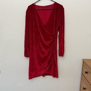 Velvet Wrap-Style Long Sleeve Dress in Deep Red